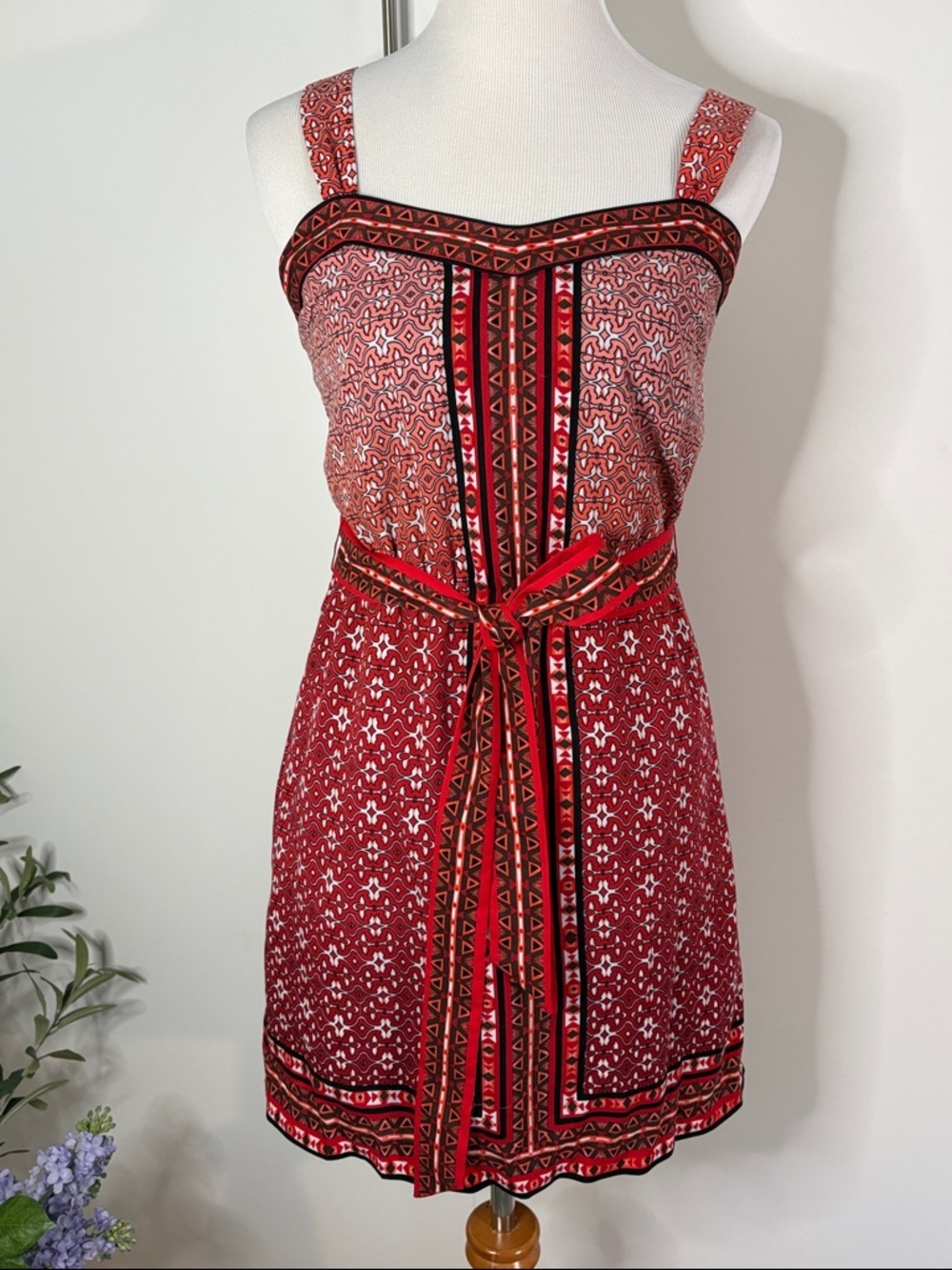 White House Black Market Red Patterned Sleeveless Mini Dress with Belt